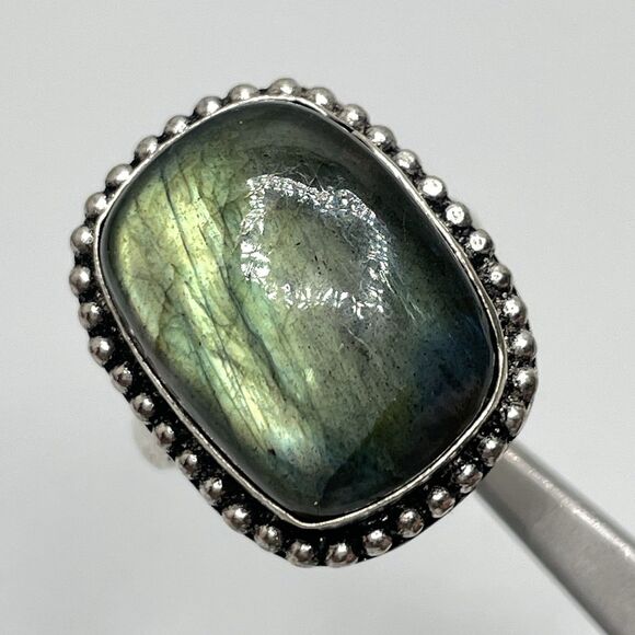 Labradorite Gemstone Silver Plated Rectangle Shaped Ring Statement Boho Sz 8.5 - Picture 1 of 6